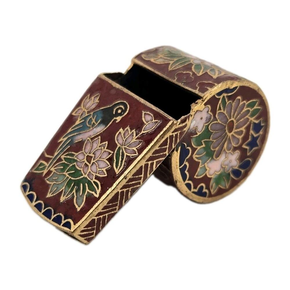 Vintage Cloisonne Whistle Birds Lotus Floral Enameled Hook Red Multi Colored